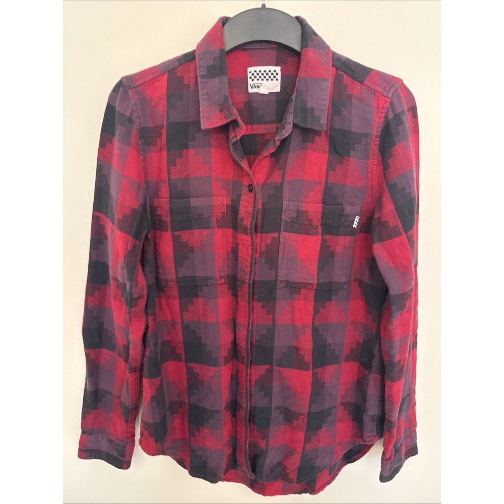 Vans Off The Wall Flannel Aztec Button Up Shirt Women's Red & Black Plaid Sz Med